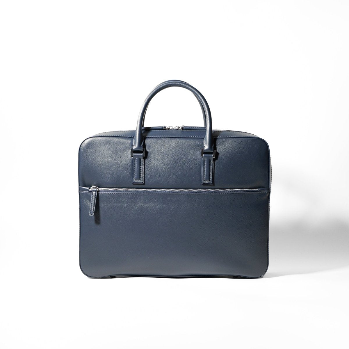 Italian Saffiano Leather Briefcase - Navy (Front - zip) - aucentic