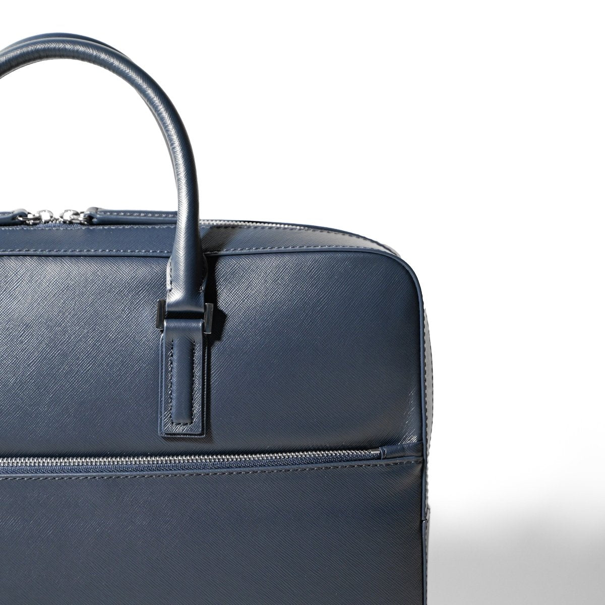 Italian Saffiano Leather Briefcase - Navy (Front - zip) - aucentic