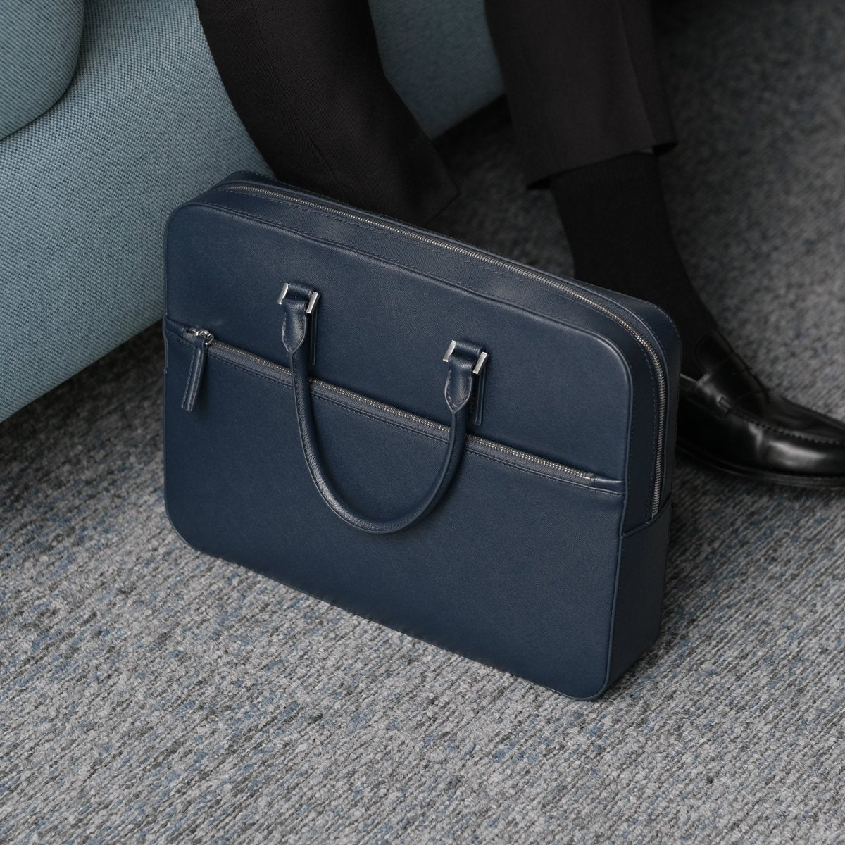 Italian Saffiano Leather Briefcase - Navy (Front - zip) - aucentic